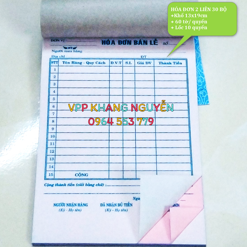Hoá Đơn 2 Liên 60 Tờ Khổ 13x19cm Lốc 10 Cuốn