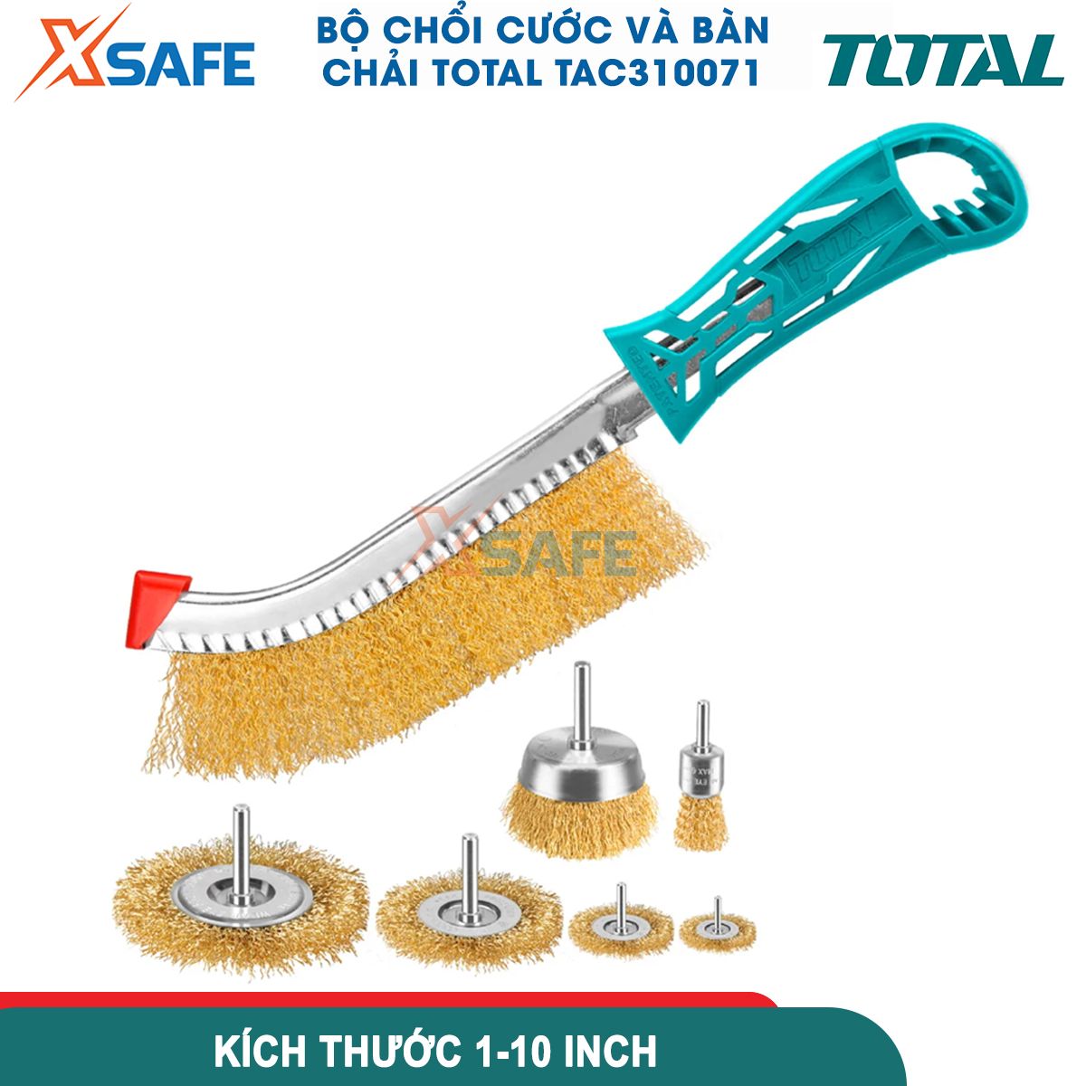 Bộ 7 bánh cước và chổi TAC310071 gồm chổi cước, bàn chải thép, bánh cước nhiều kích thước, dùng chà, mài nhẵn, tẩy cặn, tước sơn, đường hàn