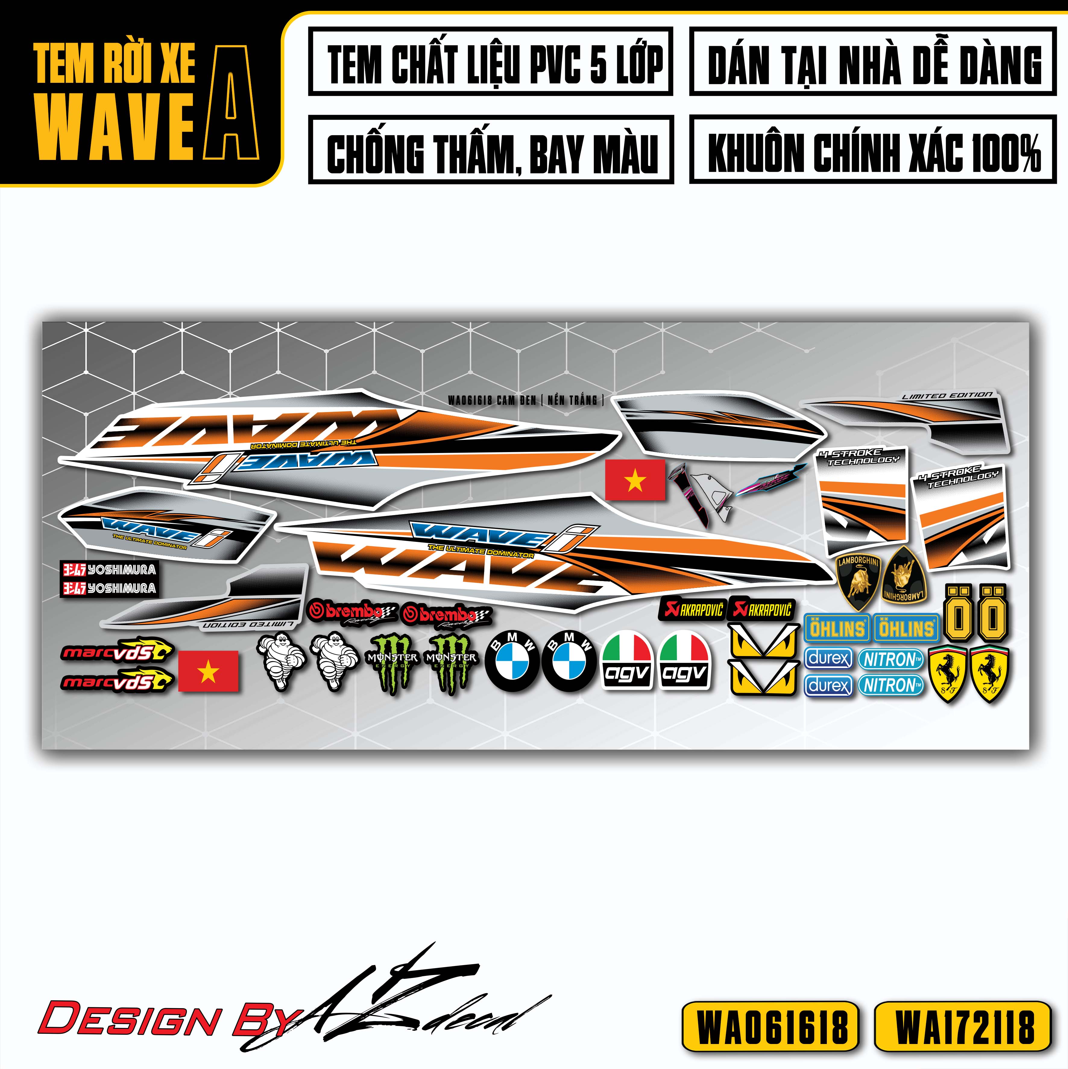 Tem Chế Xe Wave A 110, 100 Mẫu Wave I Tặng Kèm Sticker | WA18 | Decal Rời Chống Nước, Bền Màu, Dễ Dán - Azdecal