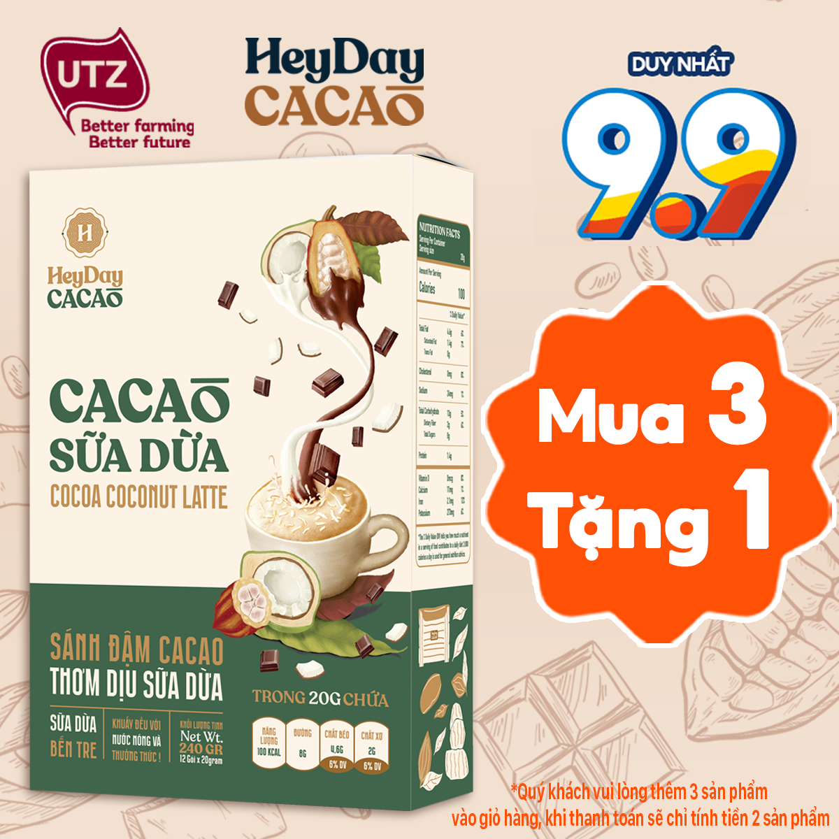 Bột Cacao Sữa Dừa Heyday - Hộp Giấy 12 Gói x 20g - Bột sữa dừa tự nhiên