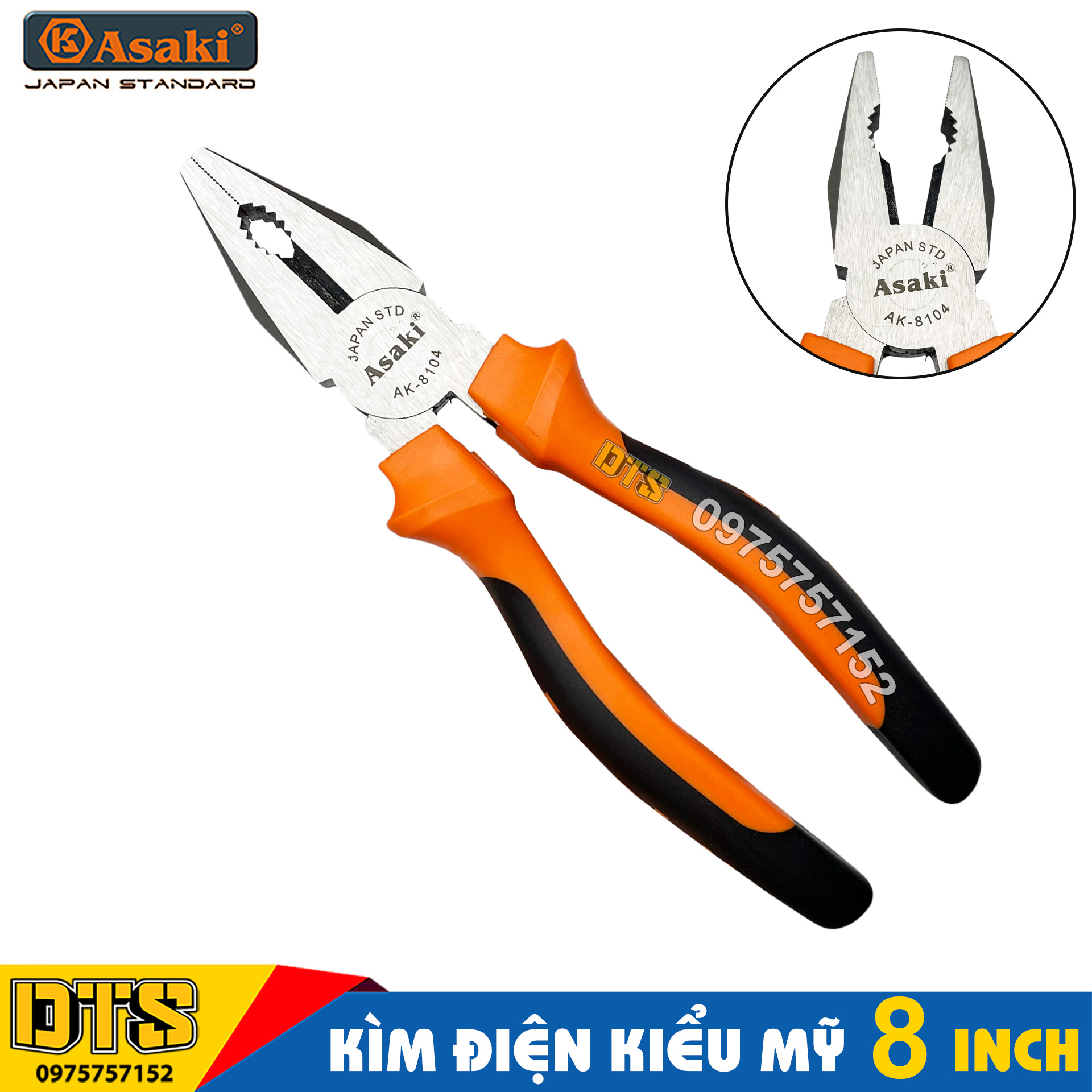 Kìm điện 8 inch kiểu Đức Asaki, kềm răng tổ hợp A+cut Tech thép CR-V siêu cứng chống gỉ sét, kìm cắt tuốt dây đa năng nhổ đinh, tay cầm bọc cao su chống trượt, kềm răng kìm răng tổ hợp, kềm cắt, kìm răng điện cấp cao