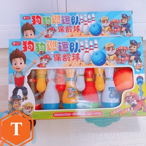 SALE !!! ĐỒ CHƠI ! HỘP 10 CHAI BOLLING KÈM 2 QUẢ BÓNG NÉM MINI CHỦ ĐỀ CHÓ CỨU HỘ CHO BÉ