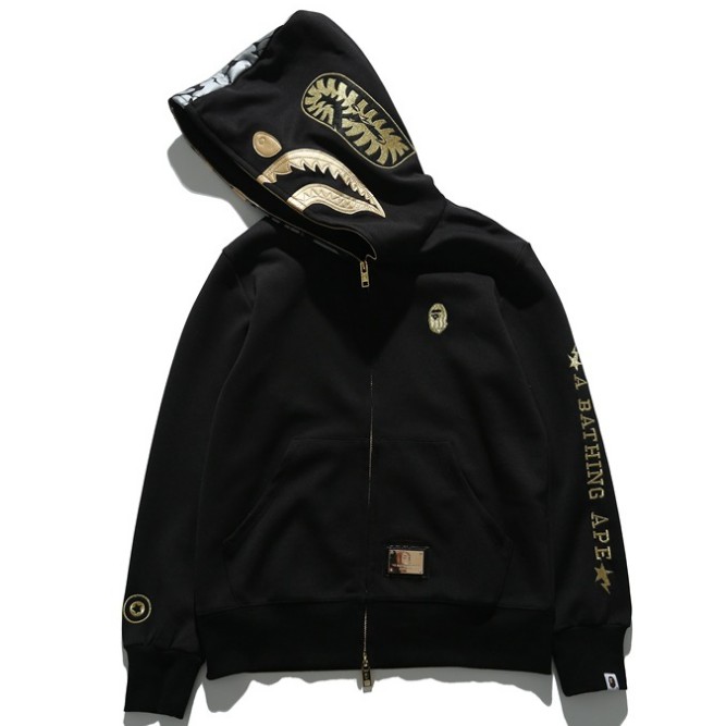 Mới áo khoác hoodie bape thêu hình cá mập phối khóa kéo cá tính