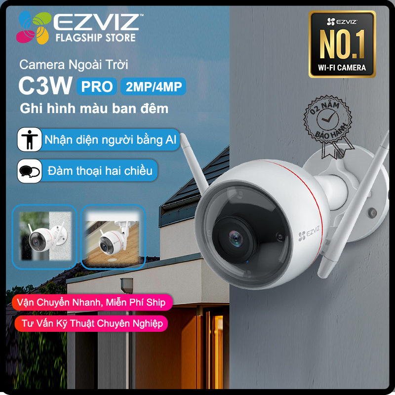 Camera EZVIZ C3W PRO 2MP & 4MP, WI-FI Không Dây, IP67 Ngoài Trời, Ghi Hình Màu Ban Đêm, Âm Thanh 2 Chiều, Đèn và Còi Báo Động, Tích Hợp AI--Hàng Chính Hãng--Bảo Hành 24 tháng