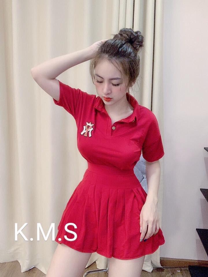 Sét áo thể thao logo+chân váy có lót xếp ly chất coton dày-TH