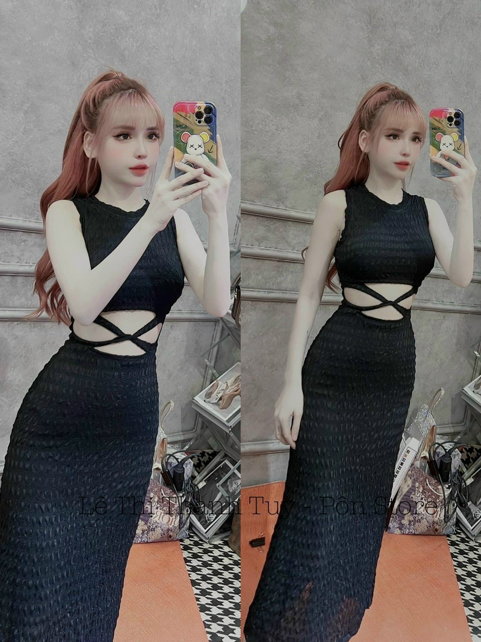 Đầm thun gân body cổ tròn sats nách, cách điệu ngực khoét eo dây chéo bụng xịn sò siêu đẹp mondx147