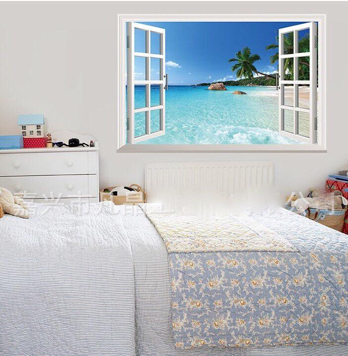 [HCM]Decal dán tường hình cửa sổ bãi biển