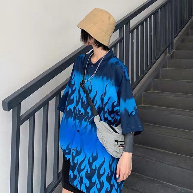 Áo sơ mi tay lỡ unisex màu đen LỬA XANH cực chất