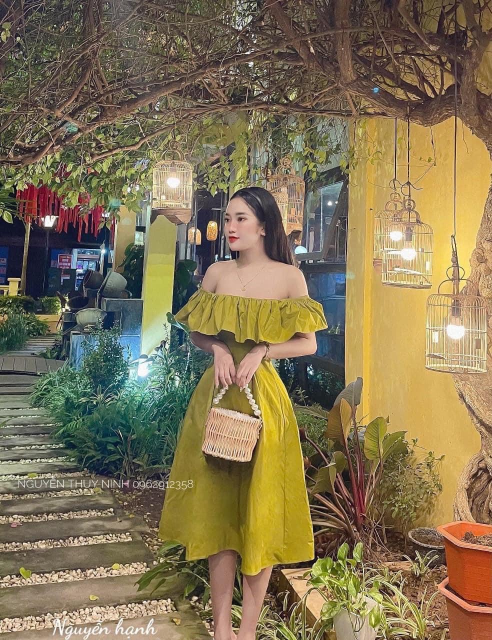 Đầm trễ vai tiểu thư midi bigsize Kim Ngân ( 50 kg đến 90 kg ) ( đầm tết )