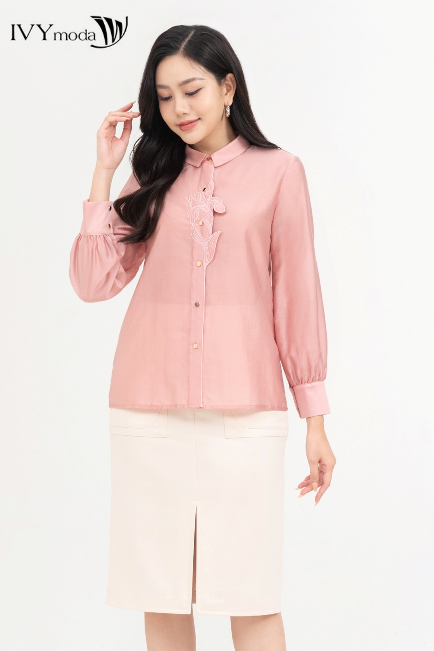 Áo sơ mi lụa đính hoa IVY moda MS 17M8554