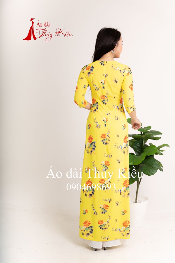 Áo dài nữ truyền thống thiết kế may sẵn tết cách tân nữ nền vàng hoa cúc K17 Thúy Kiều mềm mại co giãn áo dài giá rẻ