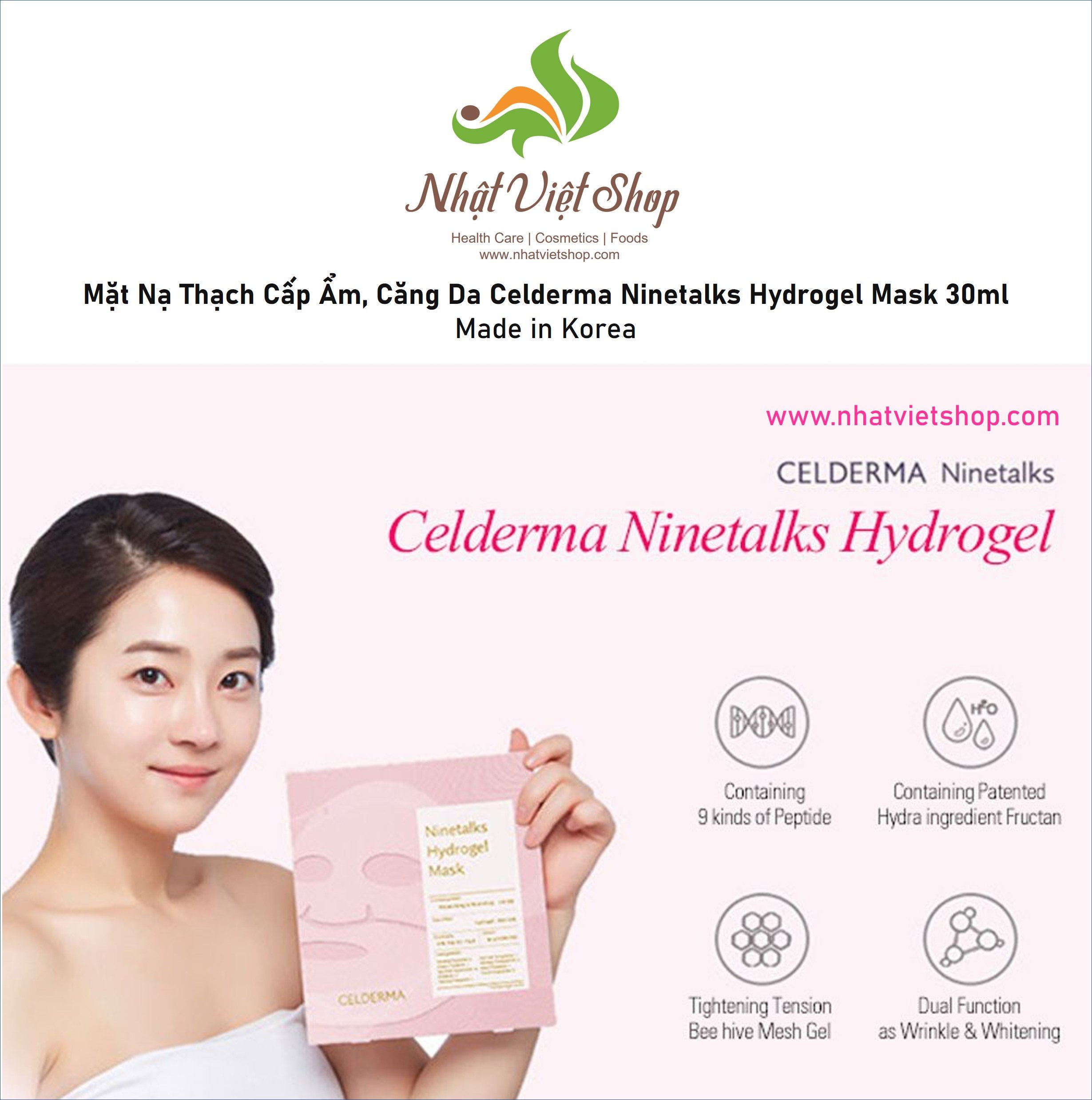 Combo 4 Miếng Mặt Nạ Thạch Cấp Ẩm, Căng Da Celderma Ninetalks Hydrogel Mask 30ml