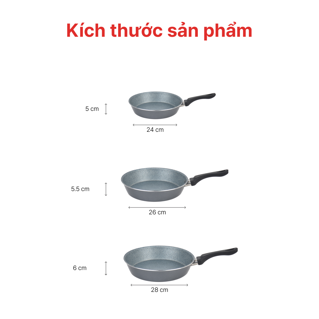 Chảo Cạn Vân Đá Bếp Từ Siêu Bền 24, 26, 28cm, HAPPYCOOK