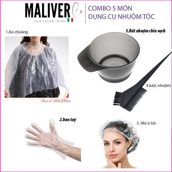 Combo 5 món dụng cụ nhuộm tóc tại nhà bát nhuộm,lược nhuộm,áo choàng,bao tay,mũ chụp -  Maliver Hair