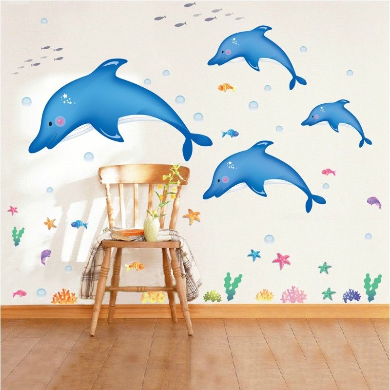 Decal dán tường đàn cá heo vui nhộn dán phòng tắm