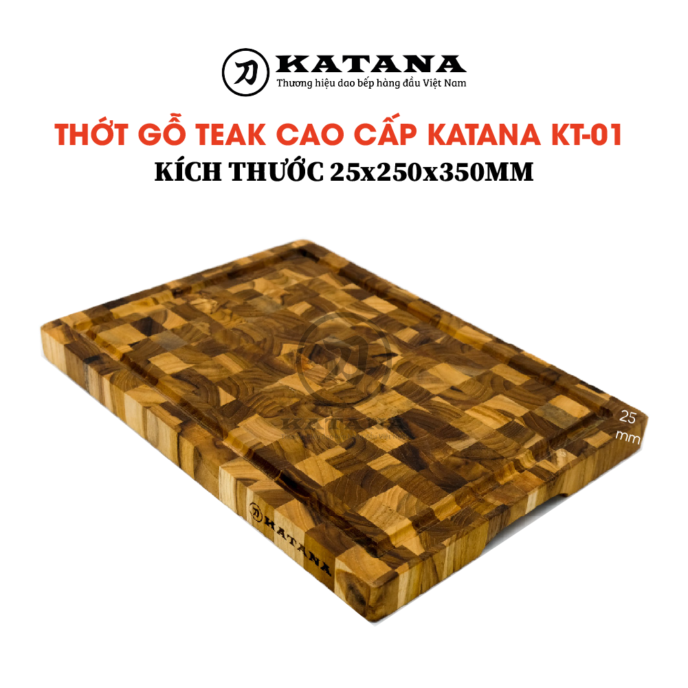 Thớt gỗ thái băm KATANA - thớt gỗ teak cao cấp chữ nhật - thớt gỗ teak ghép đầu cây đạt vệ sinh an toàn thực phẩm -  KT01 25x250x350mm