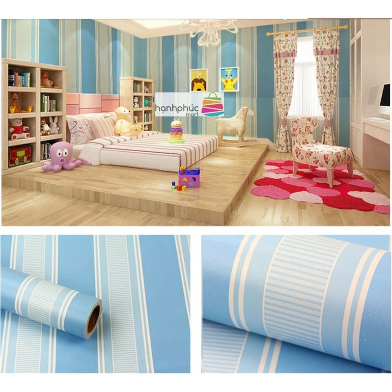 Giấy dán tường sọc xanh sọc trắng ( cuộn dài 10m khổ rộng 45cm, có sẵn keo)