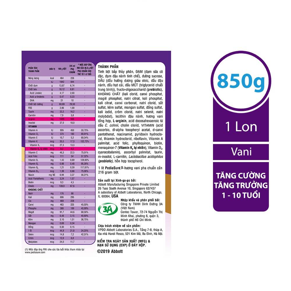 [KHÔNG MÓP] Sữa bột Pediasure 850g