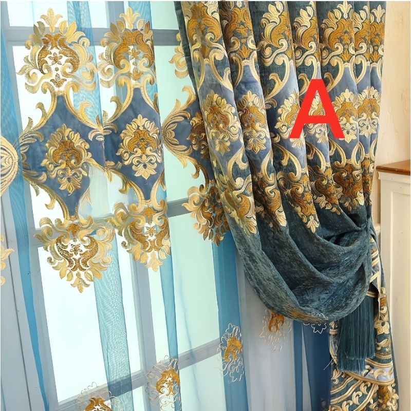 Ready Stock Chenille High Shading Curtain Luxury Velvet Embroidered Blue Curtains Villa European Bedroom Living Room Curtain