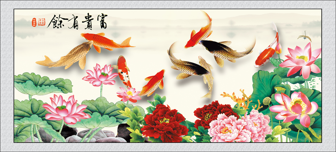 Tranh dán tường 3D phong thủy Cửu ngư quần hội VTC LunaTM-0039