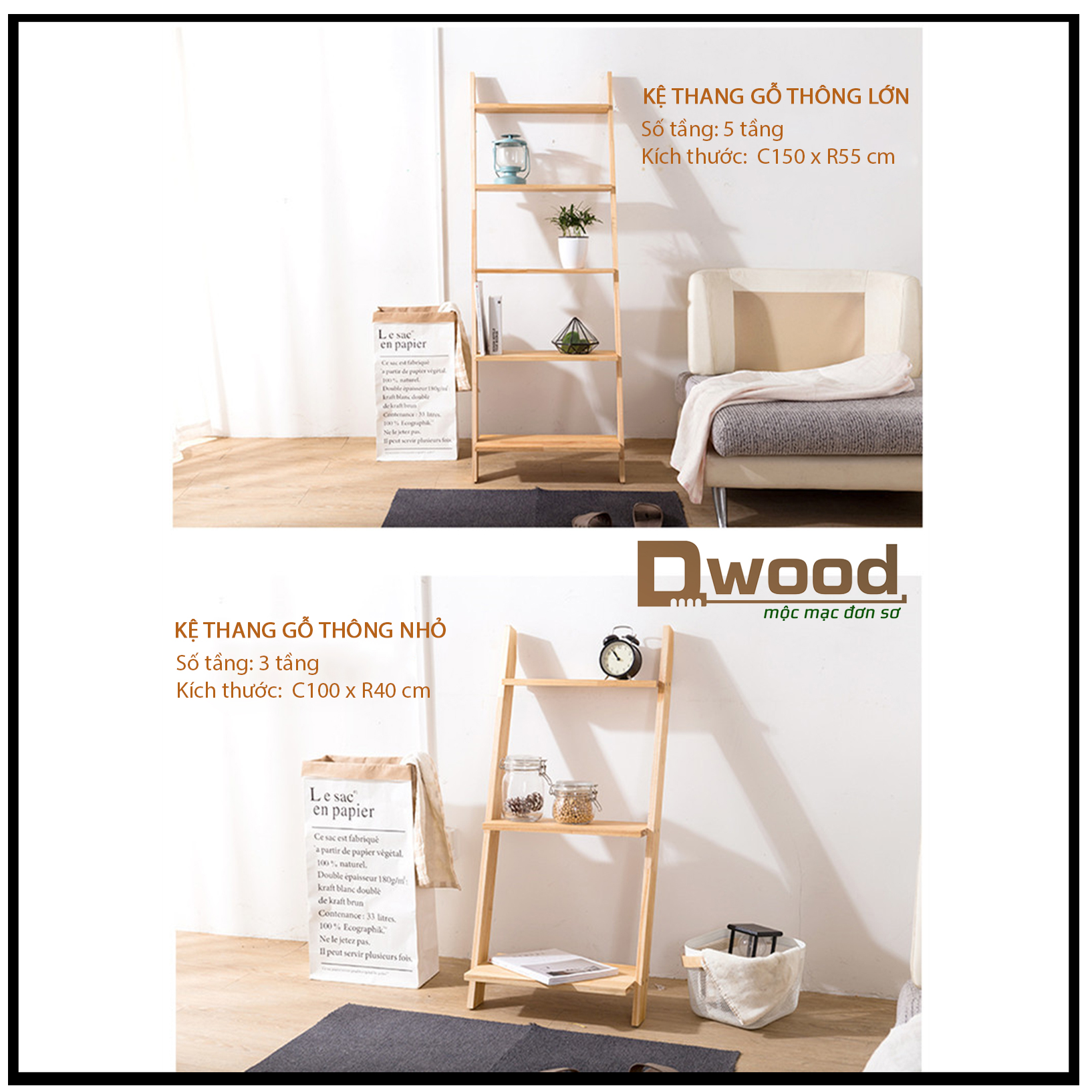 Kệ thang Dwood 5 tầng gỗ thông trang trí tiện lợi, kệ gỗ Decor để đồ dựng tường