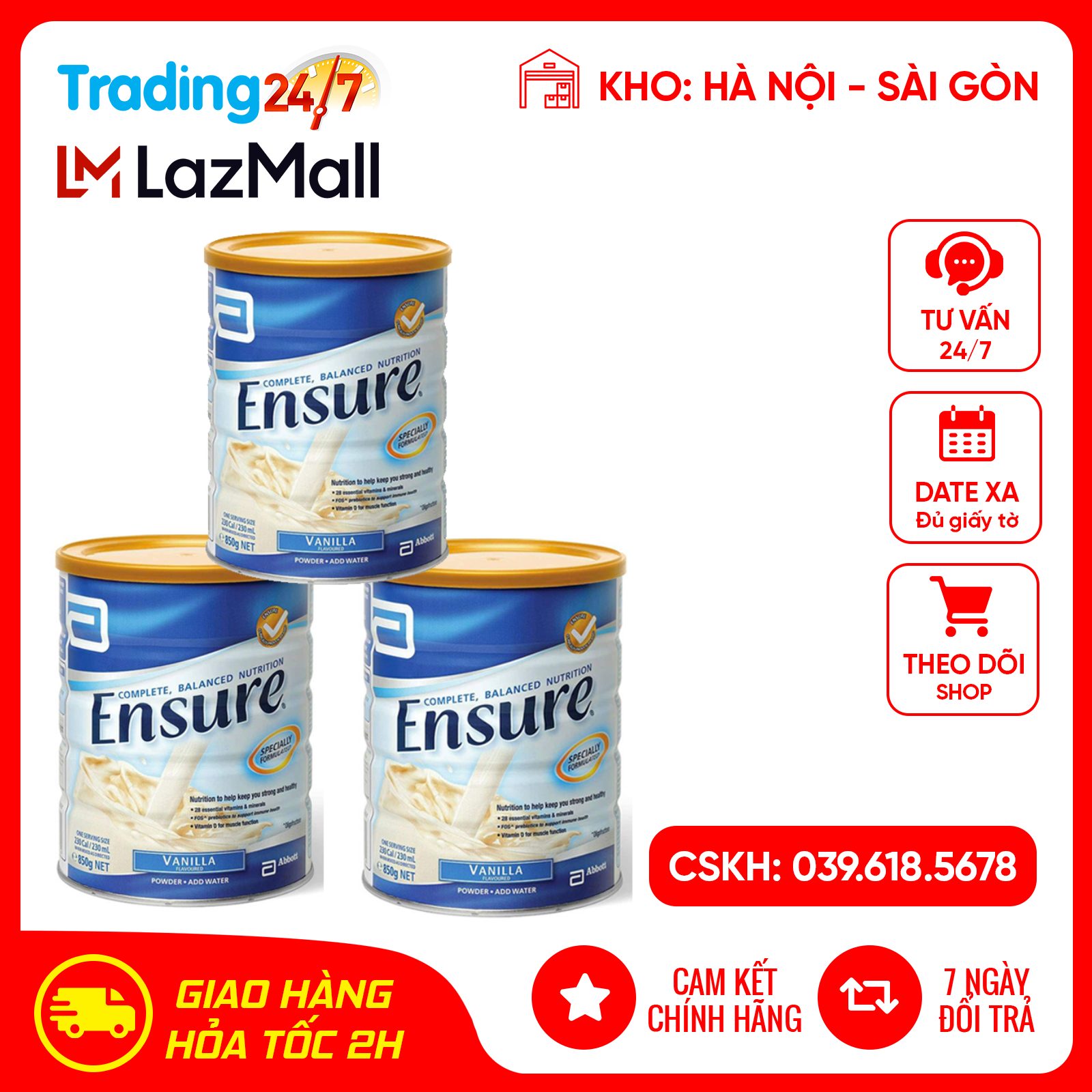 Thùng 3 Lon sữa Ensure Úc 850gr vị Vani