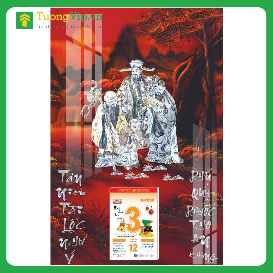 Lịch Gỗ Treo Tường Laminate Tráng Gương Phúc Lộc Thọ 2025 (40x60cm) - TV39