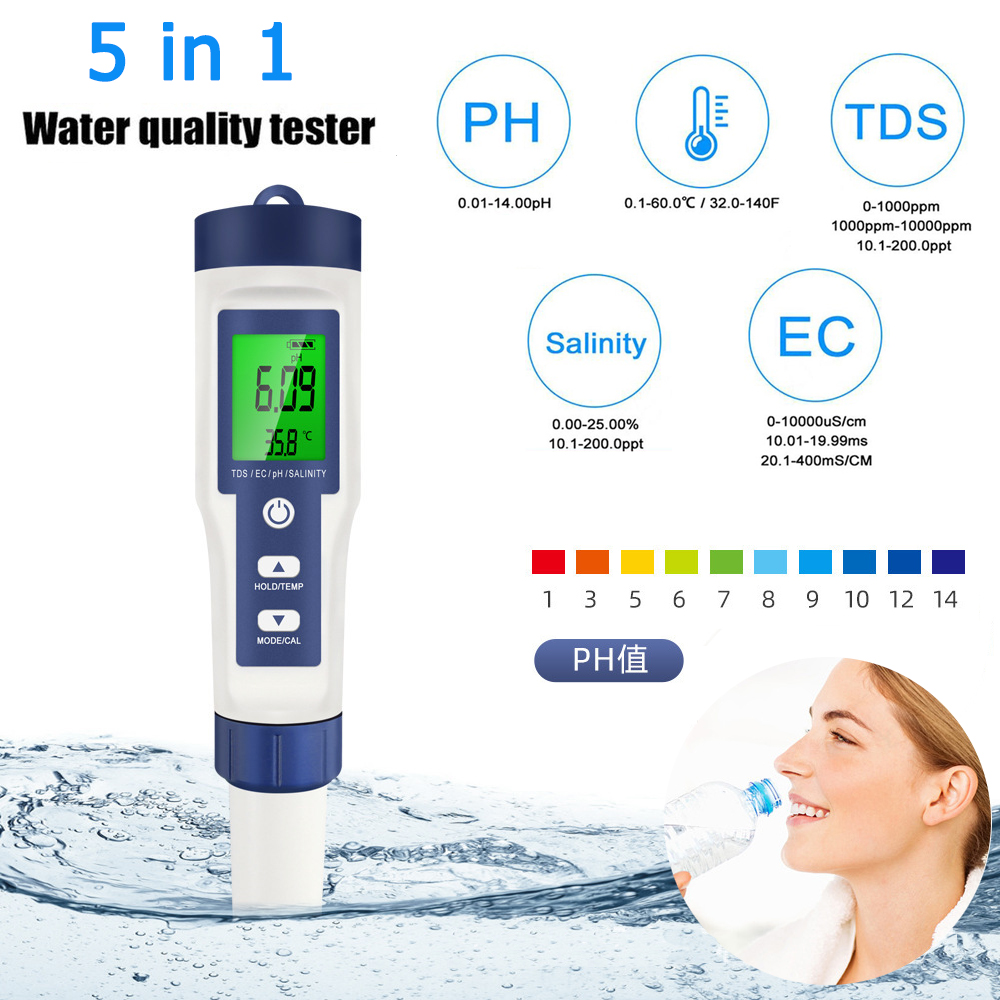 Máy đo độ mặn và độ ph 5 trong 1, đèn nền đo độ ph/tds/ec/độ mặn/nhiệt độ