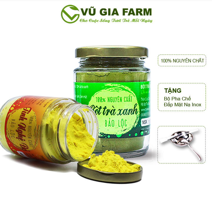 Combo Bột Trà Xanh + Tinh Nghệ Đỏ - Nguyên Chất Vũ Gia (100ml/hũ) + Tặng Bộ Đắp Mặt Nạ Inox Cao Cấp - Tẩy tế bào chết, se khít lỗ chân lông, xóa mờ thâm nám tàn nhang - Đã được kiểm nghiệm y tế