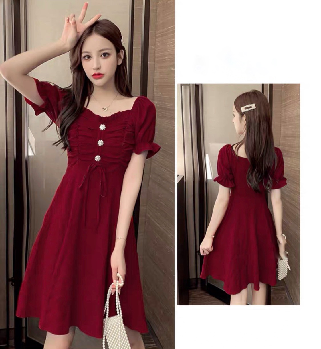 [HCM]ĐẦM RÚT NGỰC 3 CÚC- MIN DRESS T186