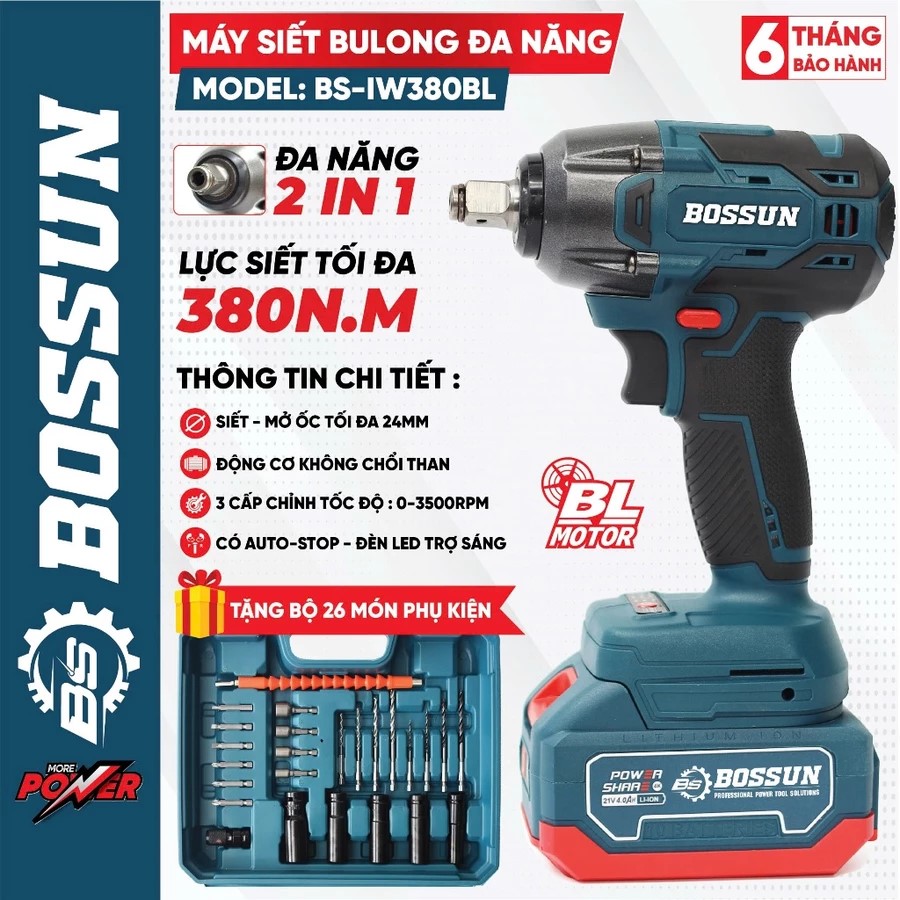 Máy Siết Bulong BOSSUN BS-IW380BL Đầu 2 trong 1,Điều Tốc 3 Cấp Chế Độ Auto Stop, Lực siết 380N Bảo Hành Chính Hãng ( Bảo Hành 6 Tháng )