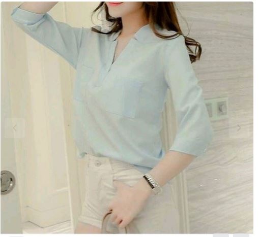 Áo sơ mi nữ công sở cổ V tay lửng 2 túi
