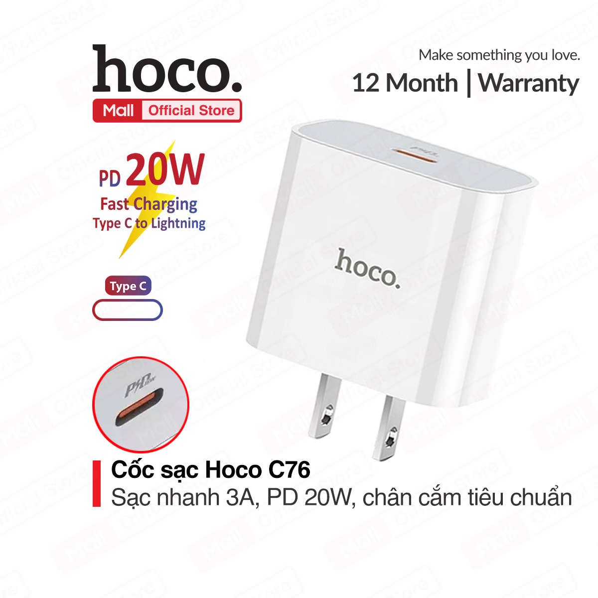 [ Mã giảm giá 60k cho đơn hàng từ 400k ] Củ sạc nhanh 12pro max iPhone 12 Hoco C76 PD 20W 1 cổng Type-C chân cắm chuẩn tiêu chuẩn ( CN )