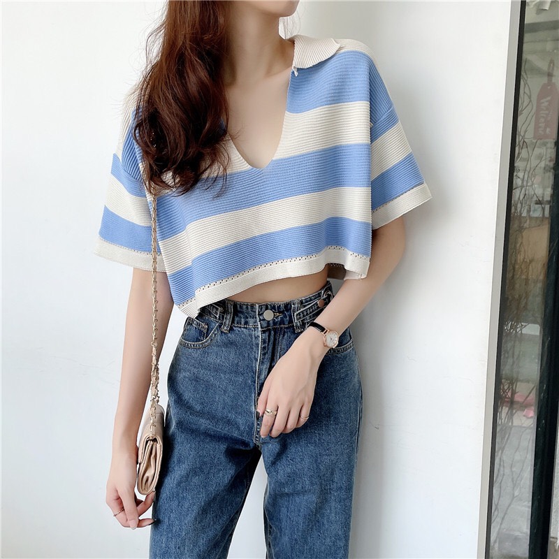 Áo Croptop Len Kẻ Dáng Rộng Hàng QC (VIDEO, ẢNH THẬT)