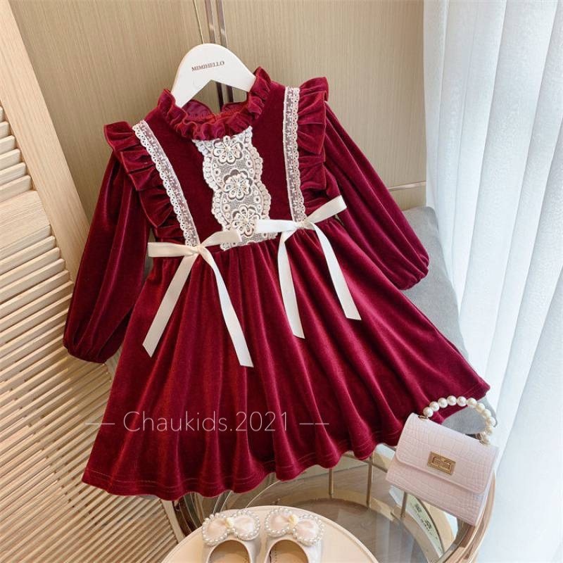 ♗✵  Váy nhung màu đỏ đậm bé gái