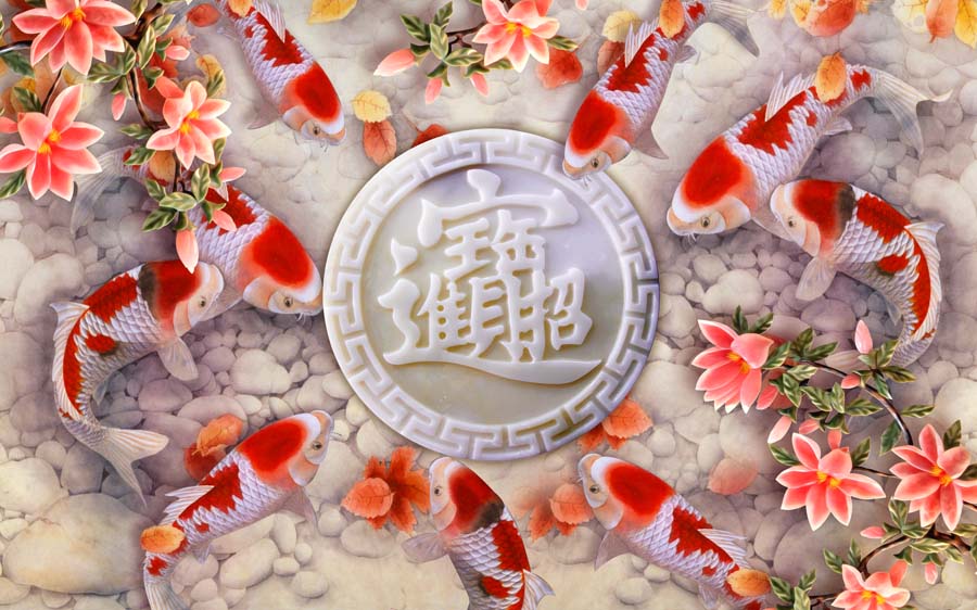 Tranh dán tường 3D Phòng Khách Cửu Ngư Quần Tụ, 155