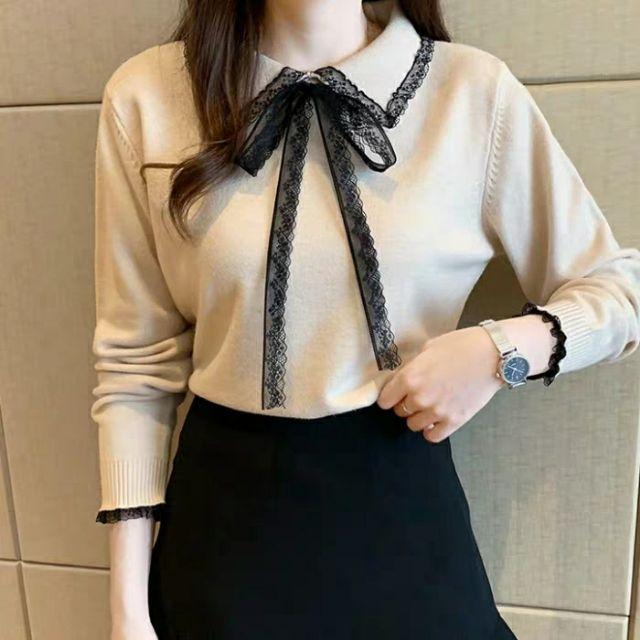 Áo len cổ nơ ren