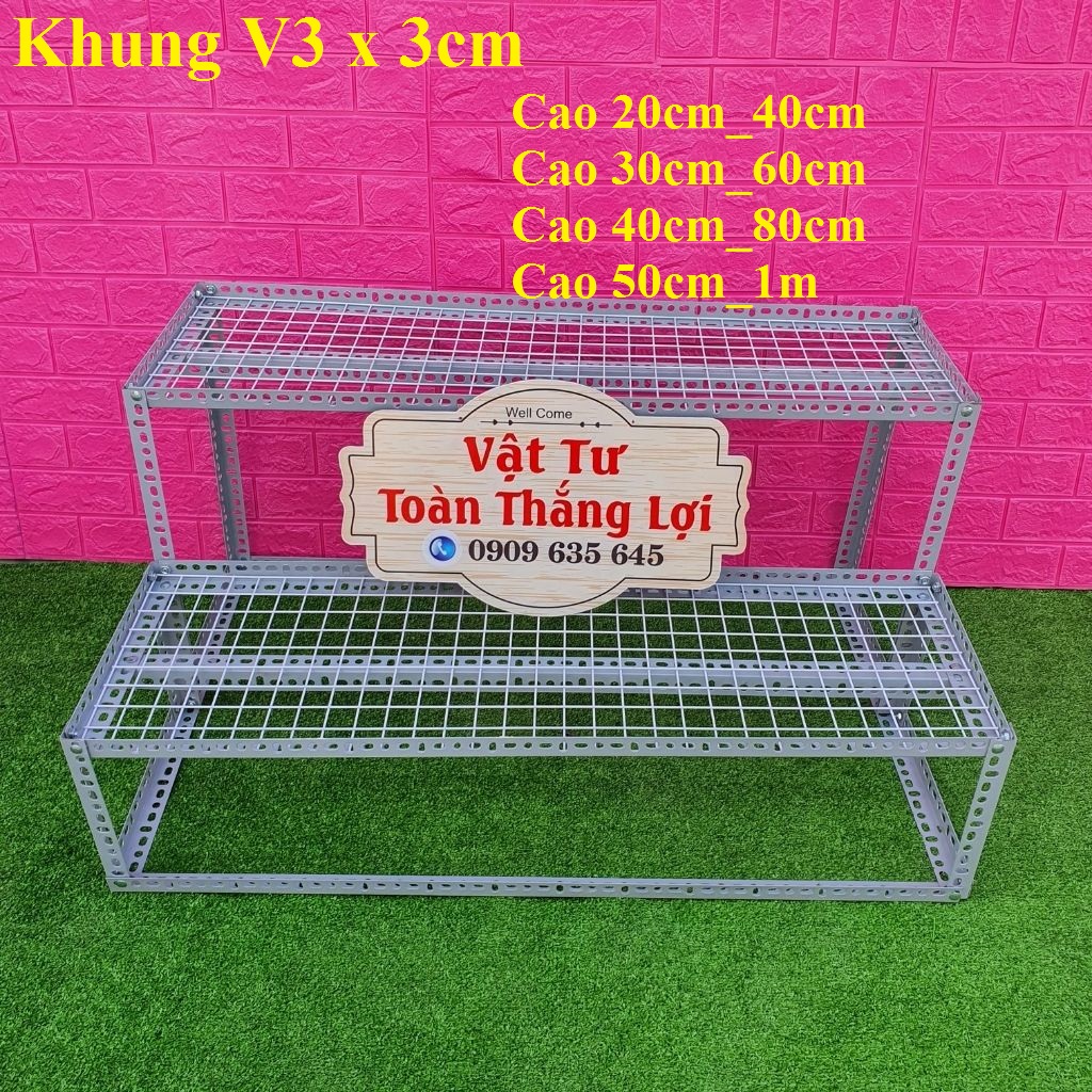 Kệ sắt v lỗ bậc thang v3x3cm cao 20_40cm, cao 30_60cm, cao 40_80cm, cao 50cm_1m