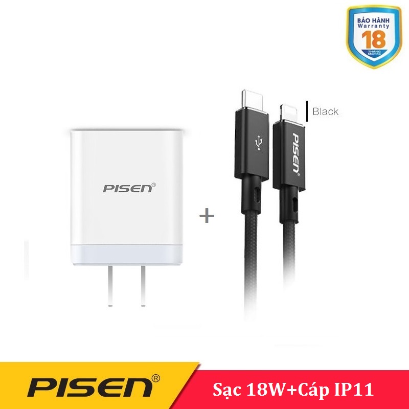 Bộ sạc cáp Pisen 18W - Cho Iphone 11 QC3.0 ( Sạc 18W + Cáp dây dù 3A Lightning&Type-C)