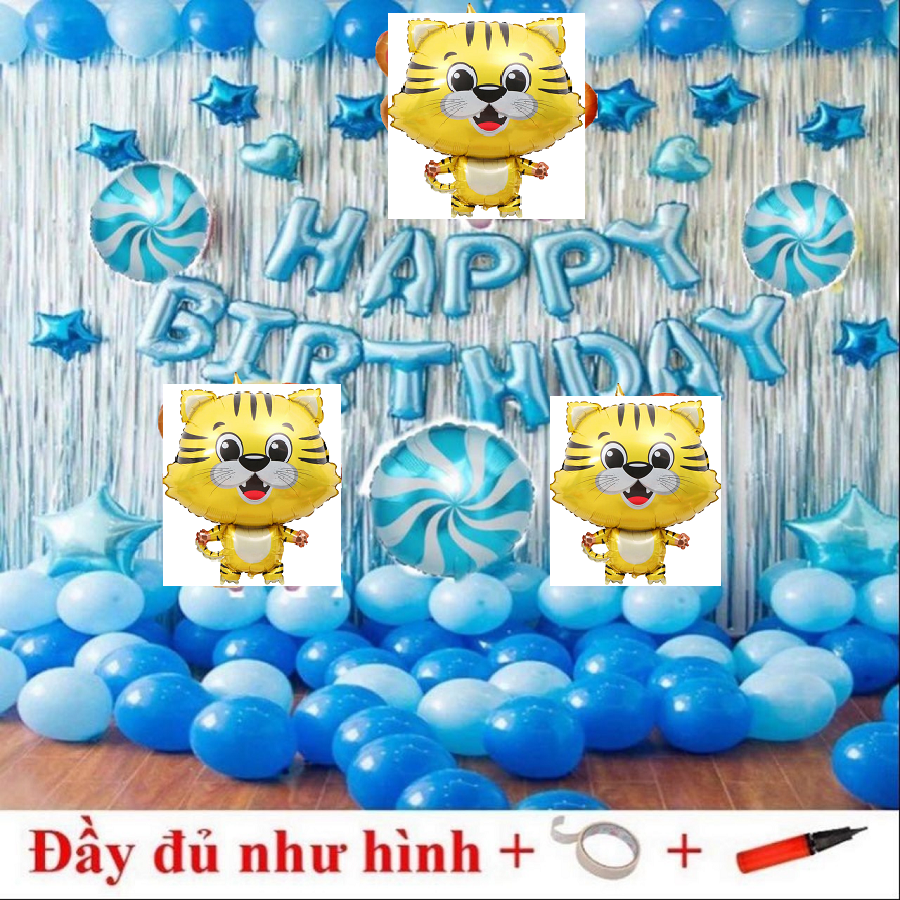 Set bóng trang trí sinh nhật cho bé y hình tuổi Hổ, tuổi Trâu Happy Birthday +bóng tròn+ 2 rèm (Kèm bơm + keo)