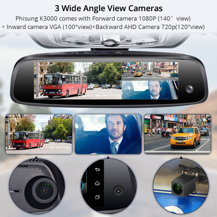[Trả góp 0%] Camera hành trình gương cao cấp Phisung E09-3 tích hợp 3 camera