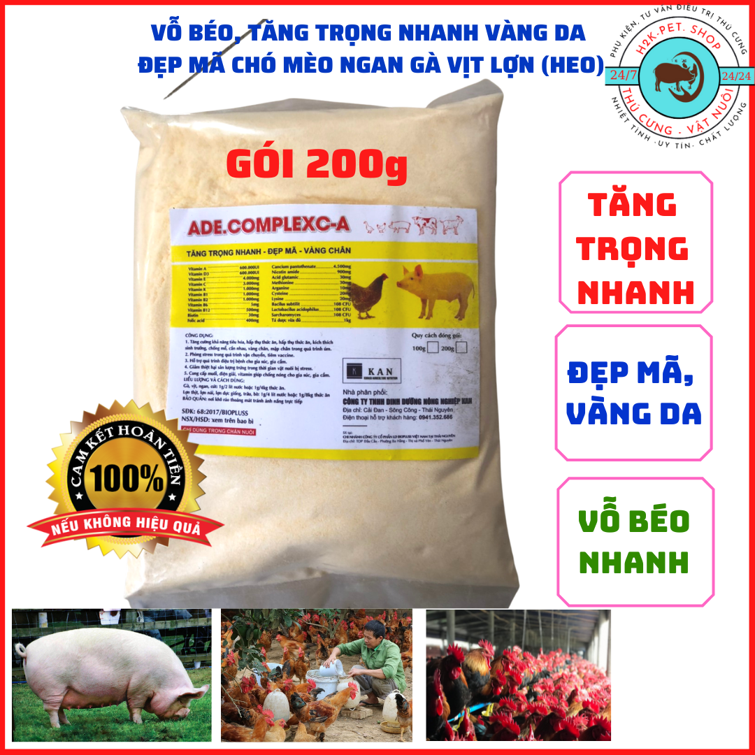 Vỗ béo dày lườn tăng trọng nhanh cho gia súc gia cầm. vỗ béo đẹp mã, tăng câng nhanh cho ngan, gà, vịt, lợn ade bcomlex gói 200g