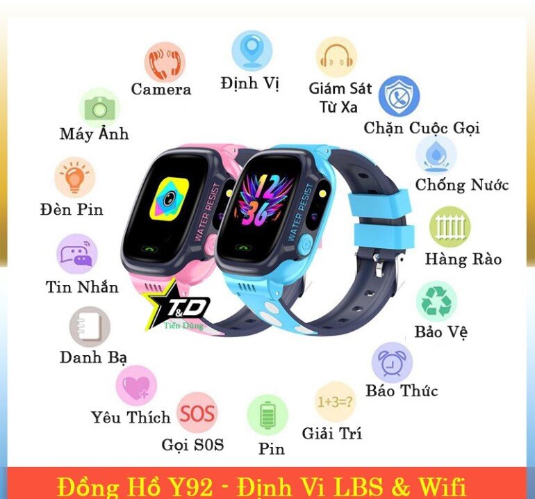 Đồng Hồ Thông Minh Y92-Wifi Định Vị Chống Nước Đồng hồ thông minh cho bé