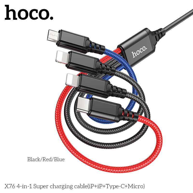 Cáp Sạc Hoco X76 Super 4 Trong 1 2.0A Cổng IP * 2 + TypeC + Micro Dây Dài 1m