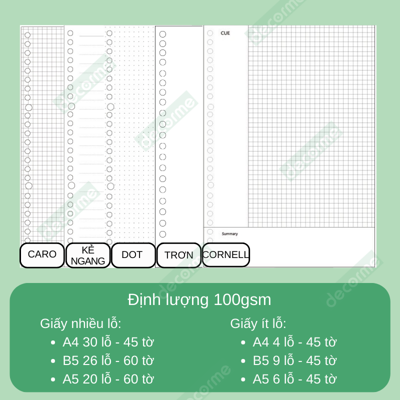 Giấy sổ còng Decorme giấy refill ruột sổ còng A5 B5 A4 20 26 30 lỗ sổ còng giấy refill caro kẻ ngang nhiều lỗ