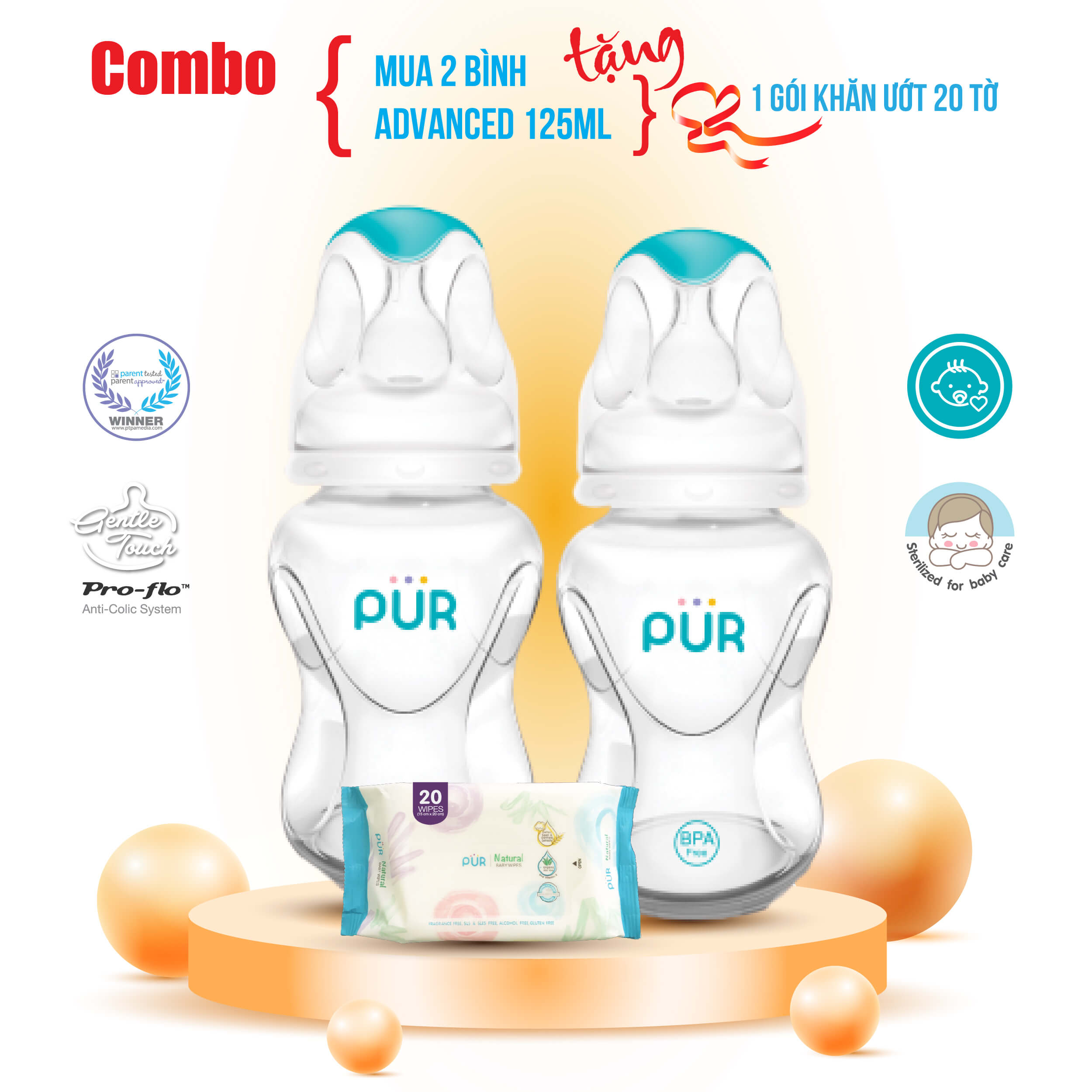 Combo 2 bình Pur Advanced 125ml - Tặng gói khăn ướt Pur