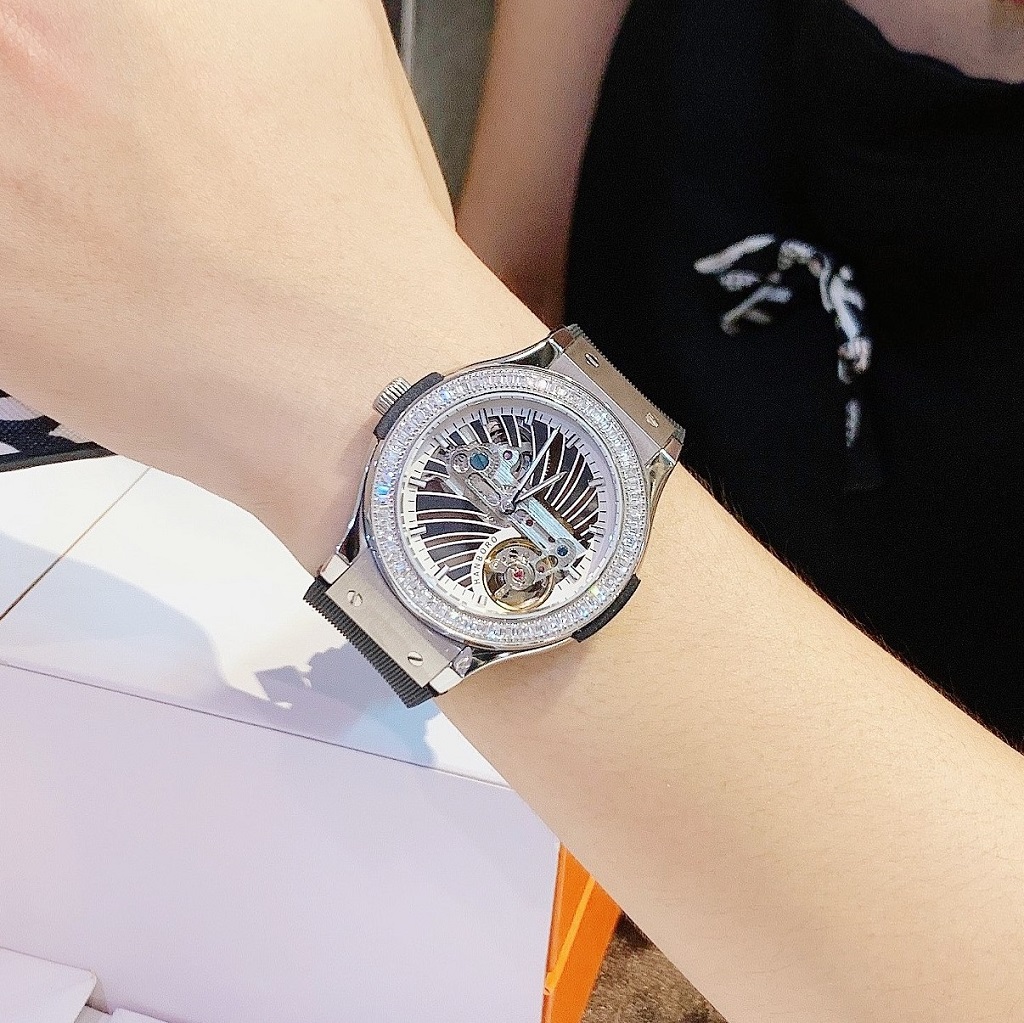 [HCM]Đồng Hồ Nữ Hanboro Automatic Dây Silicon Đen Silver Chính Hãng 36mm