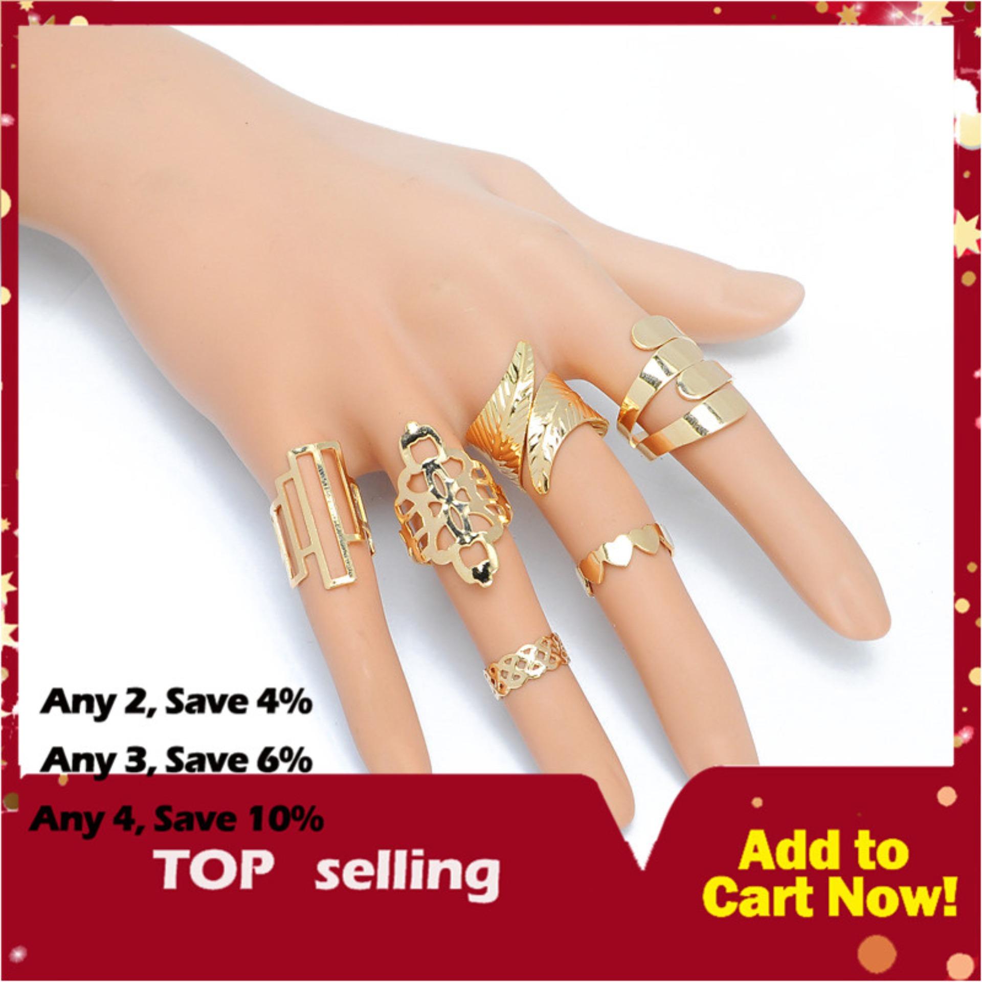 Bộ 6 chiếc nhẫn chất liệu hợp kim mạ vàng họa tiết chiếc lá hình học lạ mắt phong cách Boho - INTL