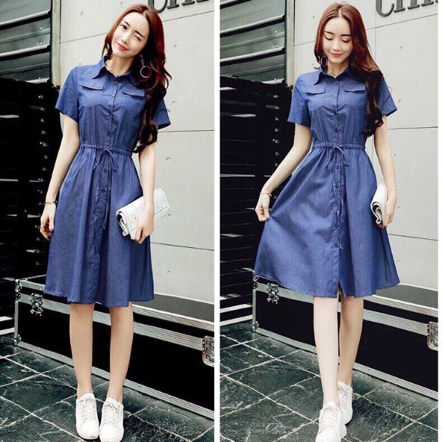 [HCM]ĐẦM JEAN XOÈ CỔ SƠ MI EO RÚT 2 TÚI CÀI NÚT TRƯỚC