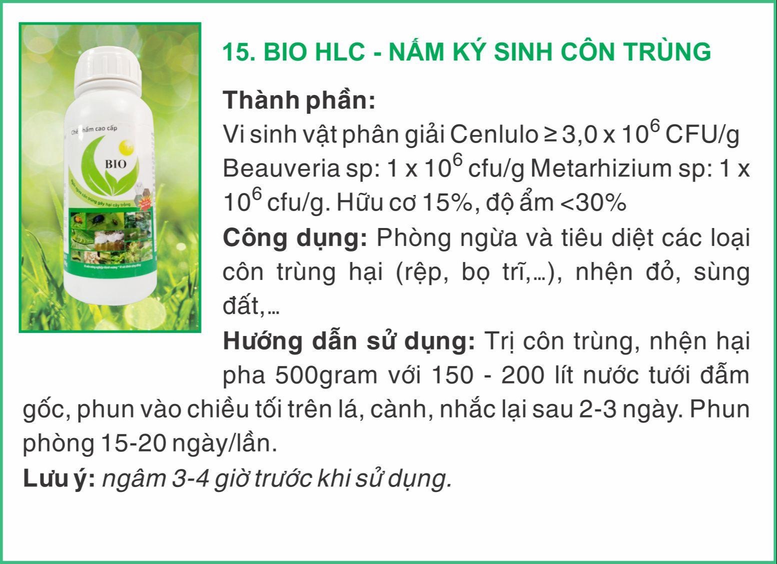 CHẾ PHẨM SINH HỌC BIO - HLC (NẤM KÍ SINH CÔN TRÙNG)